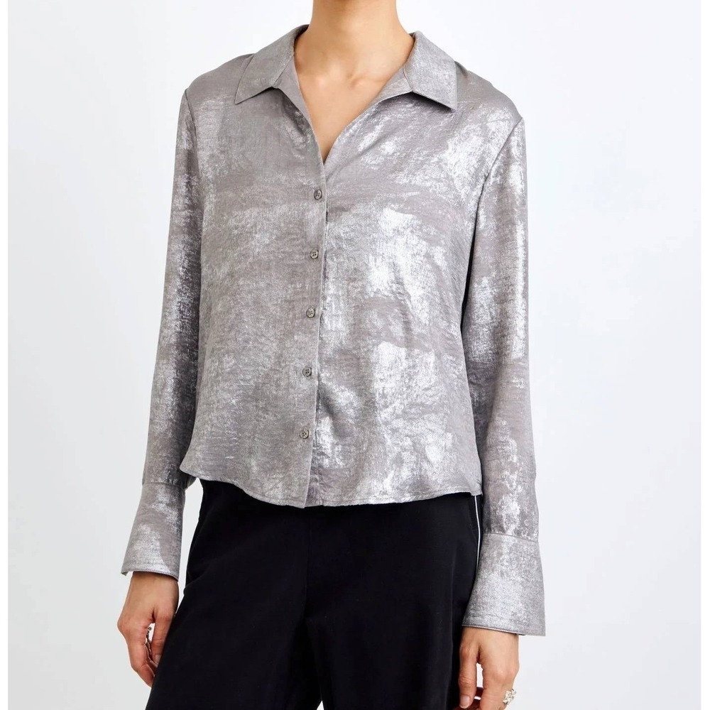 Bella Dahl Flowy Wide Collar Button Down Shirt Top Silver Size Large NWT